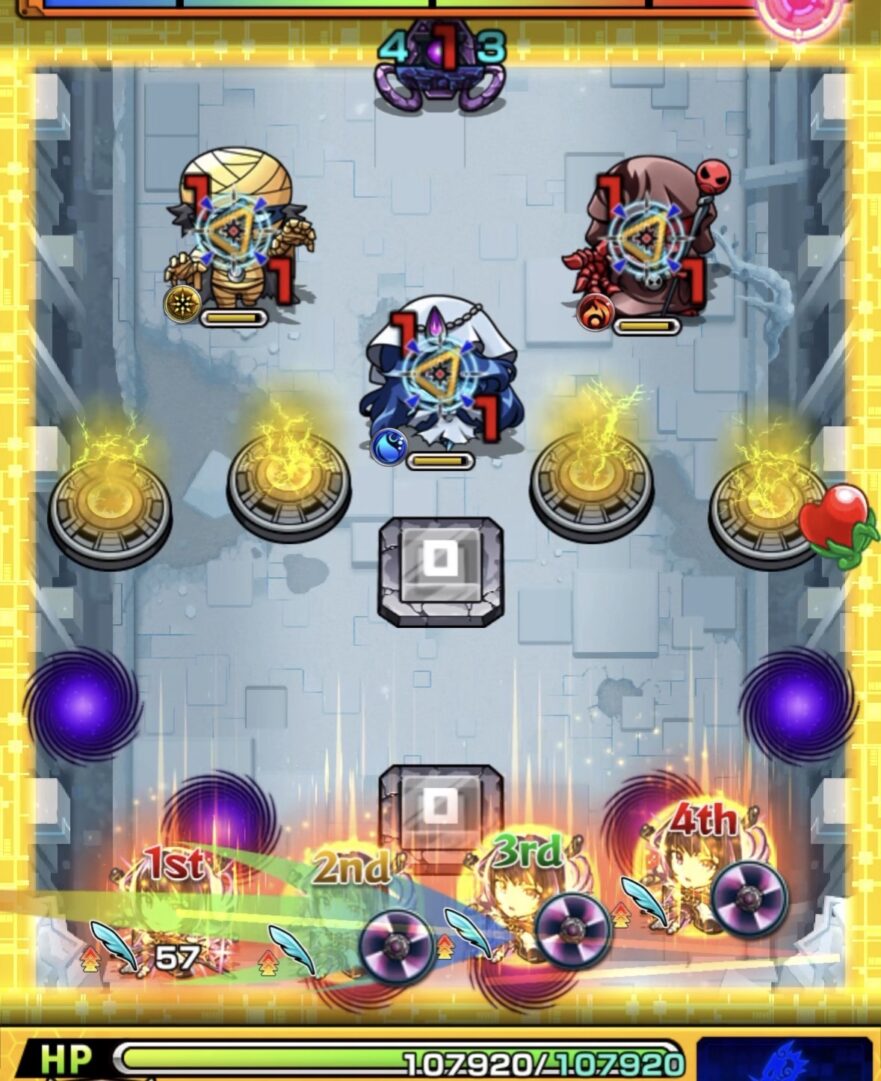 リンネ4体編成でステージ1のゾンビ3体を友情コンボで同時処理し、初手で安定突破した場面