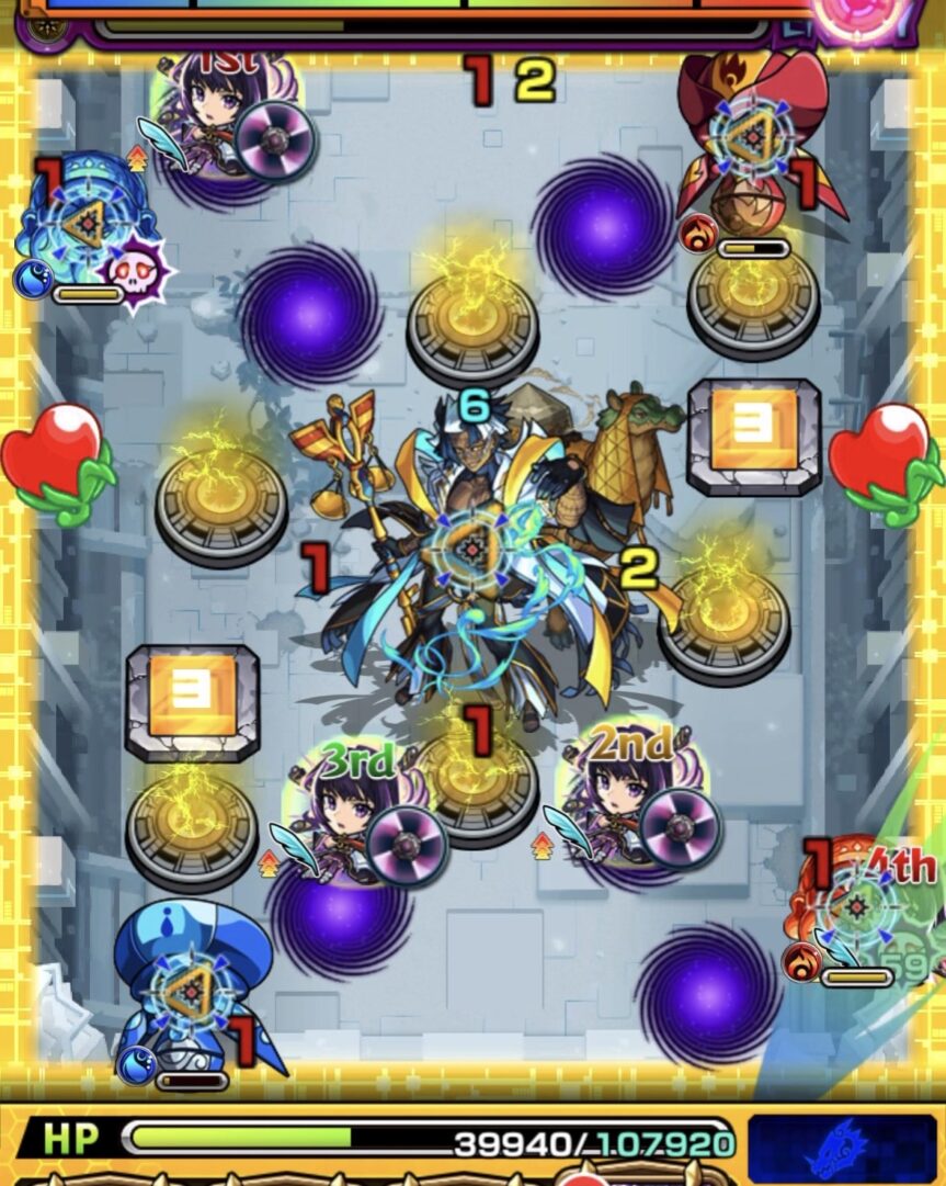 下壁反射から味方を経由して回復し、友情と直殴りでハンシャイン2体を処理しつつ中ボスに大ダメージを与えた場面