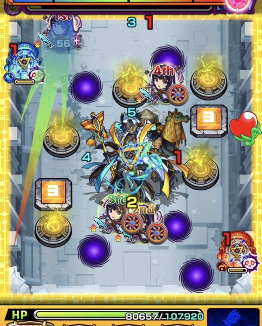 上壁反射からパネルを踏まずに弱点を直殴りし、友情とあわせて中ボスを撃破した場面