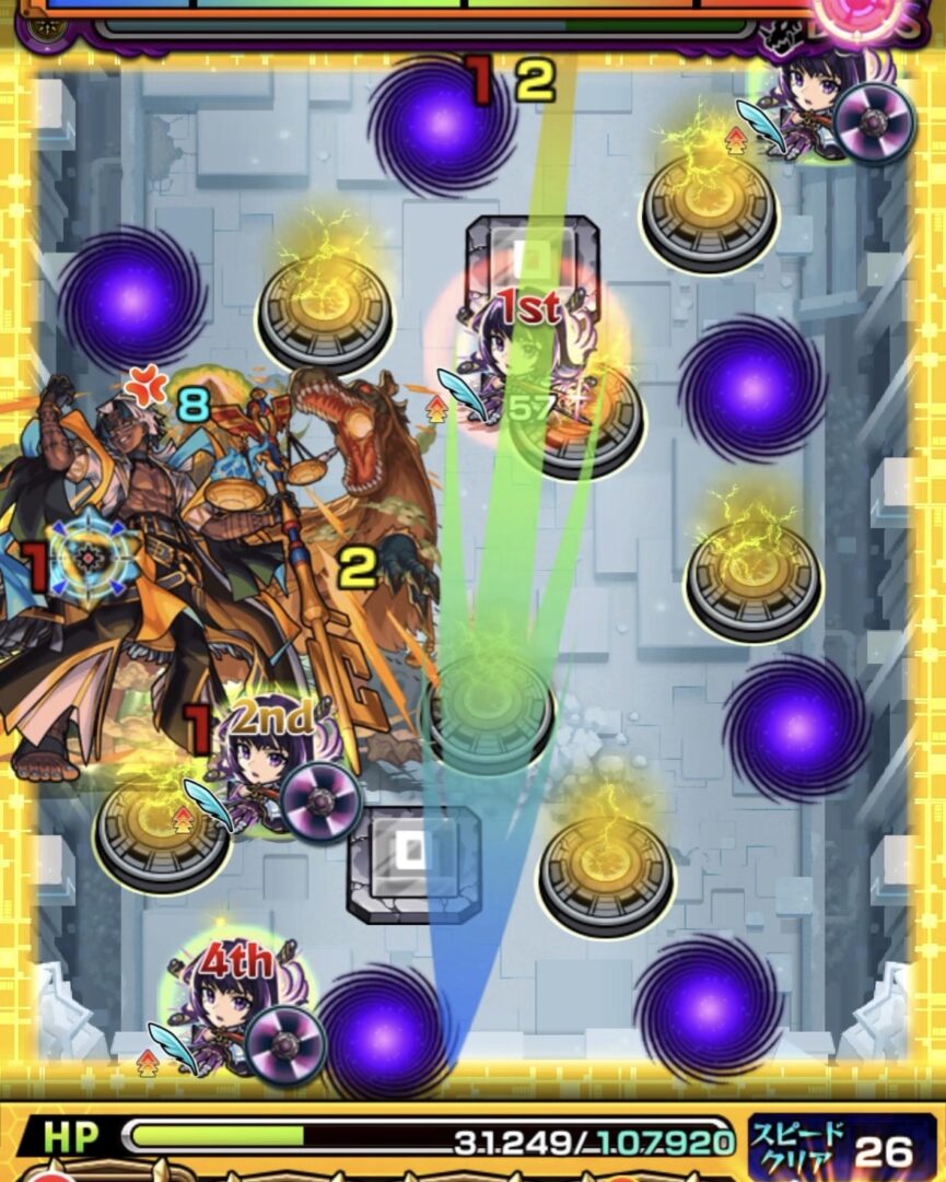 下壁反射から友情と弱点直殴りでボスにダメージを与え、回復にも成功した場面