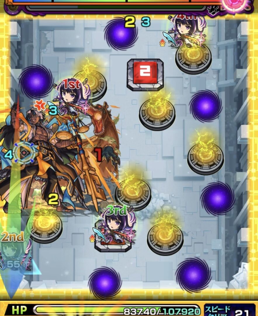 下壁反射からボスの弱点を直殴りし大ダメージを与えた場面