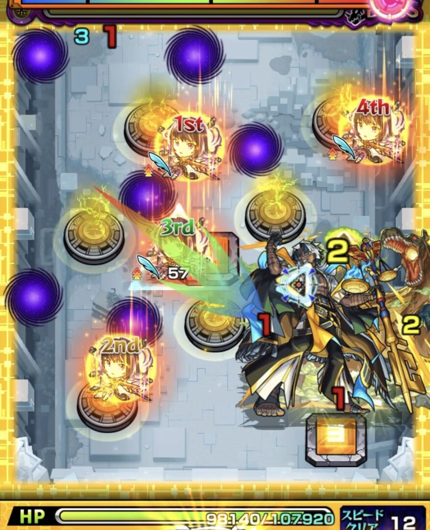 パネルが3の状態のため攻撃を避け、味方に触れてパネルをリセットするボス2終盤の場面