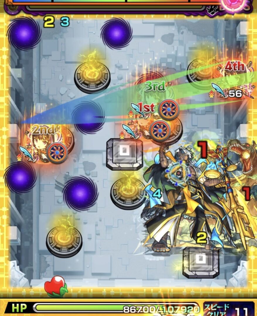 全滅ターン直前に左壁反射で弱点を攻撃し、ボス2を撃破する場面