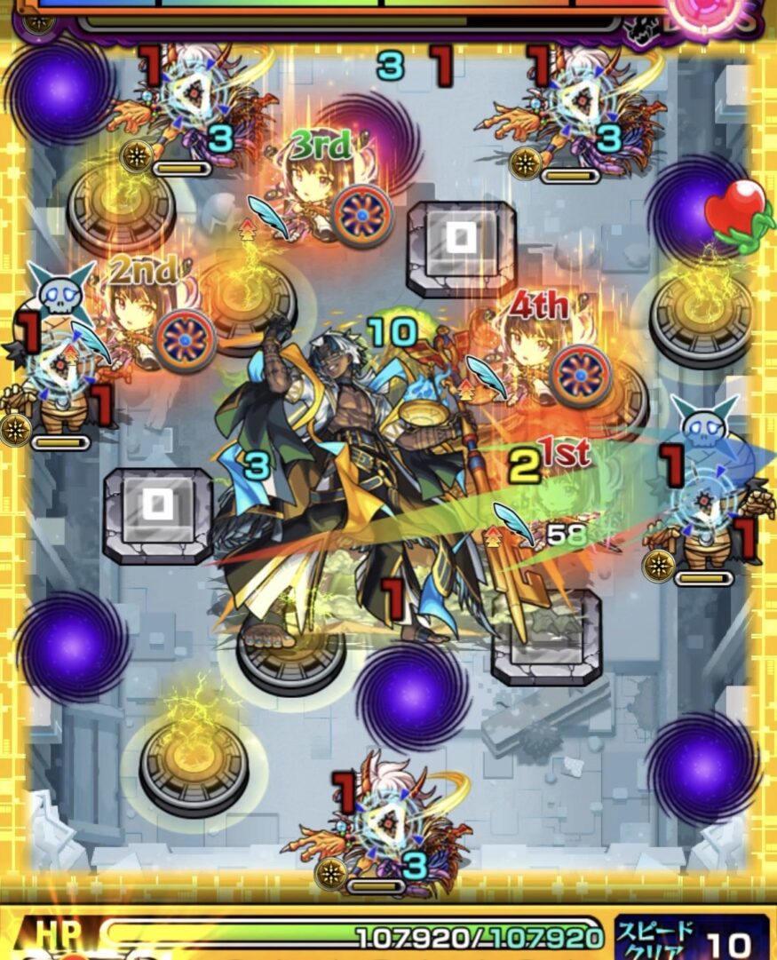 ゾンビの弱点経由から右壁反射で友情を発動し、雑魚を一掃してボス弱点を出現させた場面