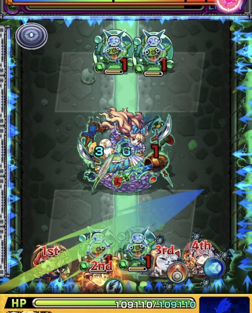 ステージ1の1手目。エレメントエリア内から左側ぷよリンの同時処理を狙うが、判定が外れ右側ぷよリンのみ撃破している場面。