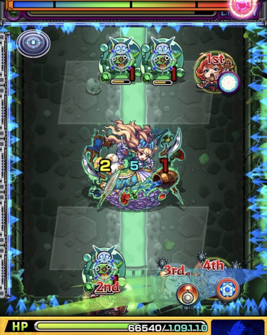 ステージ1の2手目。右壁反射からエレメントエリア内に入り、ぷよリン3体を同時処理してクロスドクロを発動させ、ポルターガイストの弱点が出現した場面。