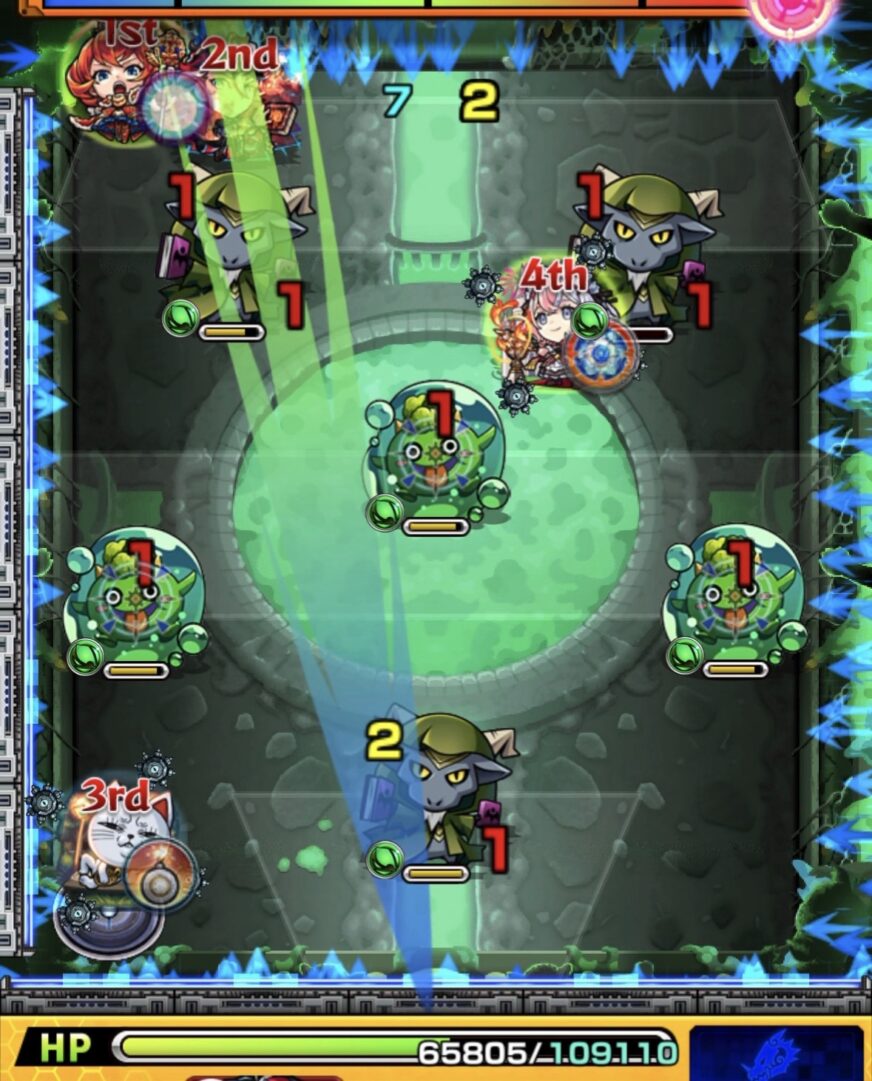 ステージ2の2手目。エレメントエリアを意識してゾンビとぷよリンを処理するが、同時処理に失敗し蘇生が発動した場面。