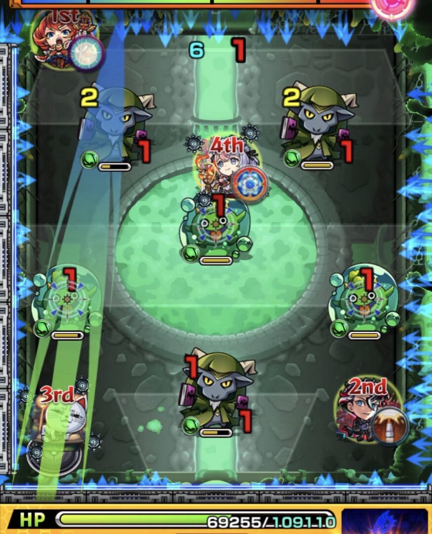 ステージ2の3手目。上下の反射ルートを使ってゾンビ2体を処理するが、蘇生によりゾンビ1体が復活した場面。