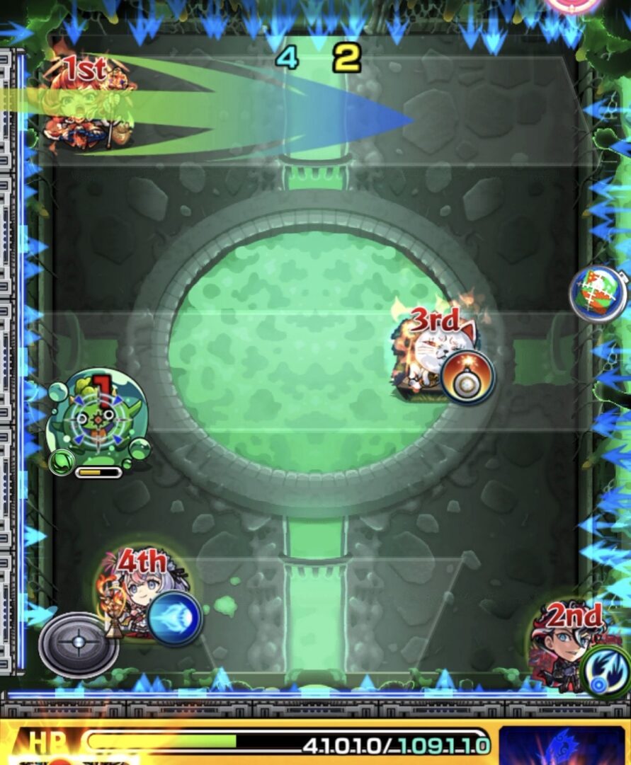 ステージ2の5手目。横軸の薄い角度で弾き、エレメントエリア内からぷよリンを処理してステージ2を突破した場面。