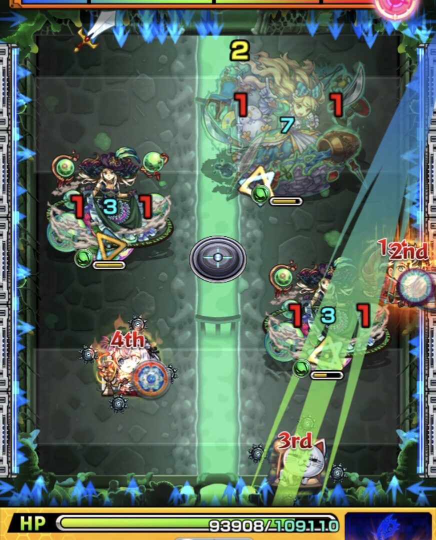 ステージ3の2手目。V字ルートでエレメントエリア内からダ・ヴィンチ2体の弱点を同時に攻撃し、相互蘇生を防いで処理に成功。クロスドクロ発動でポルターガイストが実体化した場面。