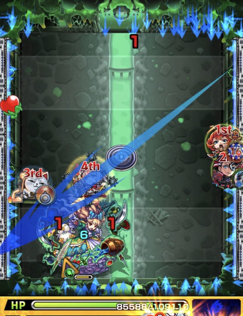 ステージ3の3手目。エレメントエリア外から弱点を攻撃してしまい、属性効果アップが乗らず十分なダメージを与えられなかった場面。