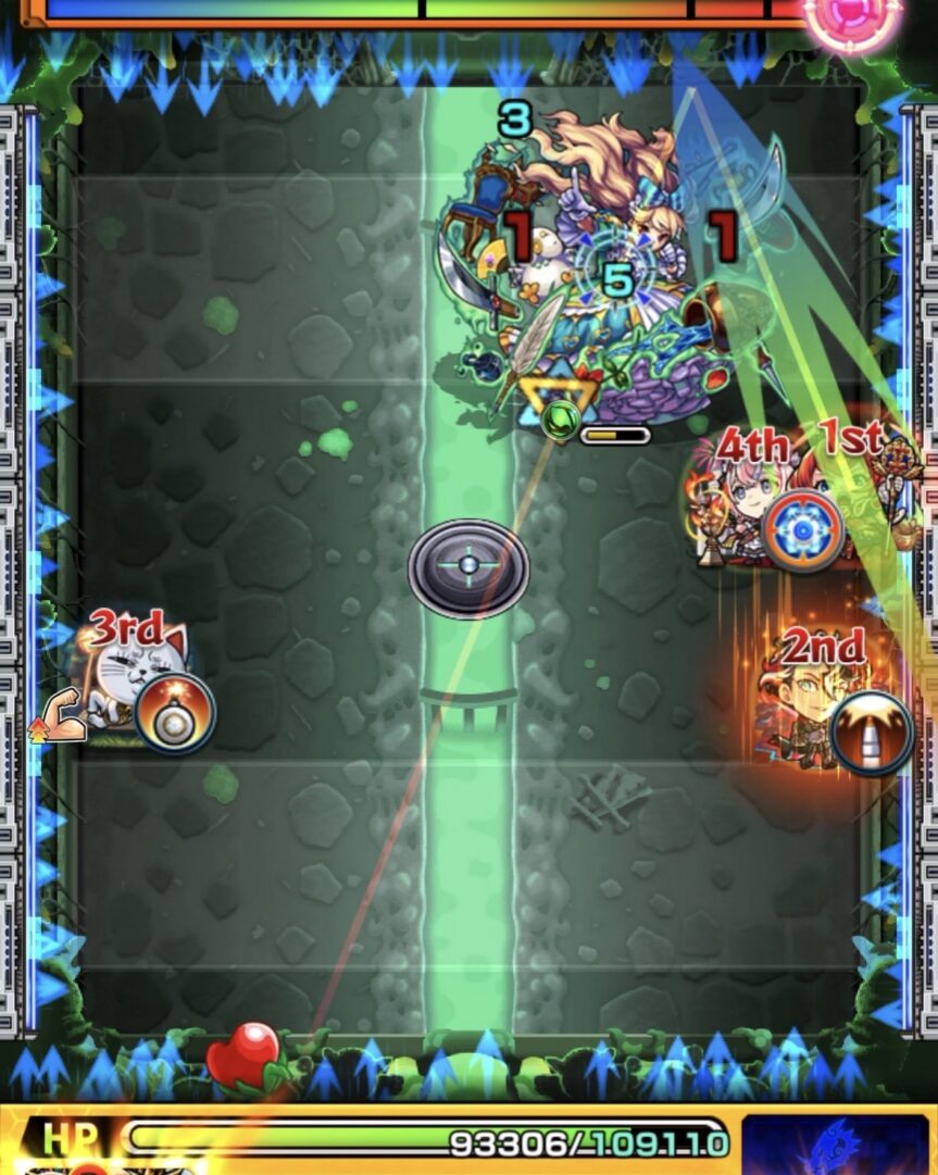 ステージ3の4手目。上壁反射から弱点を正確に捉え、エレメントエリア外からでも十分なダメージを与えてポルターガイストを撃破した場面。