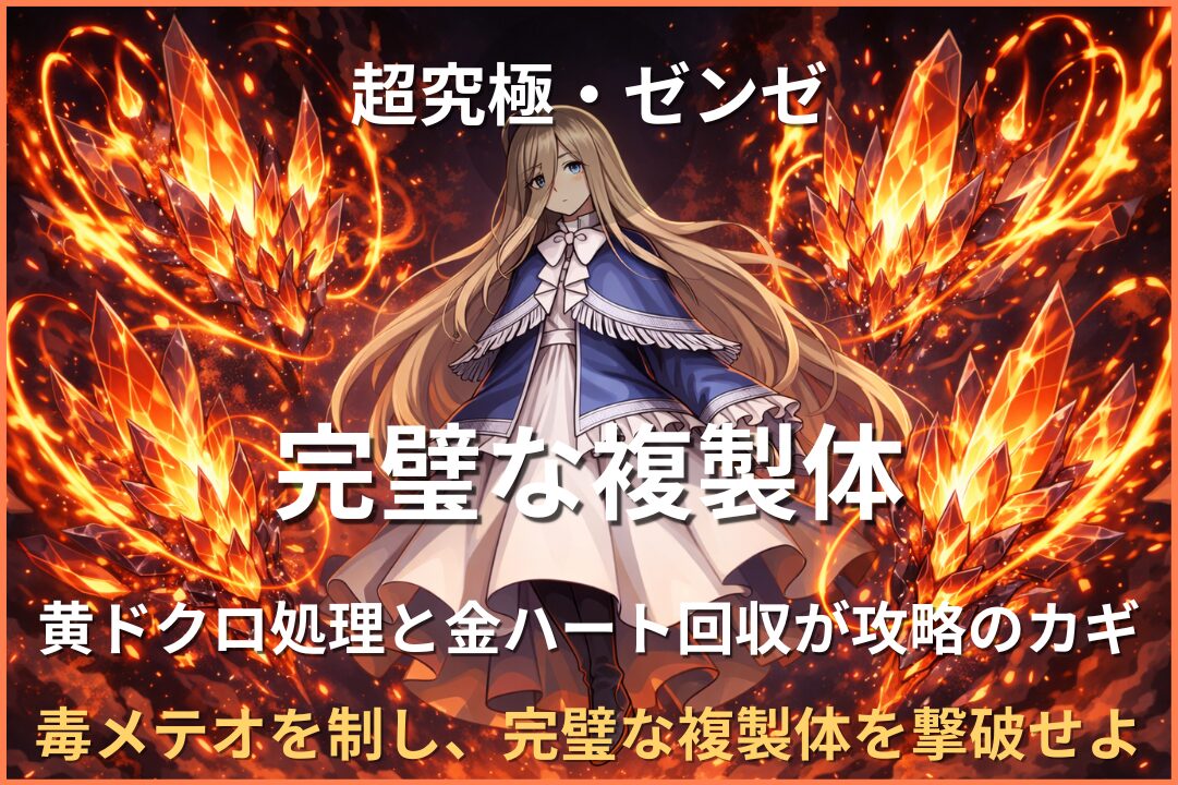 超究極ゼンゼ「完璧な複製体」のアイキャッチ画像。黄ドクロ処理と金ハート回収による毒メテオ対策が重要な高難度クエスト