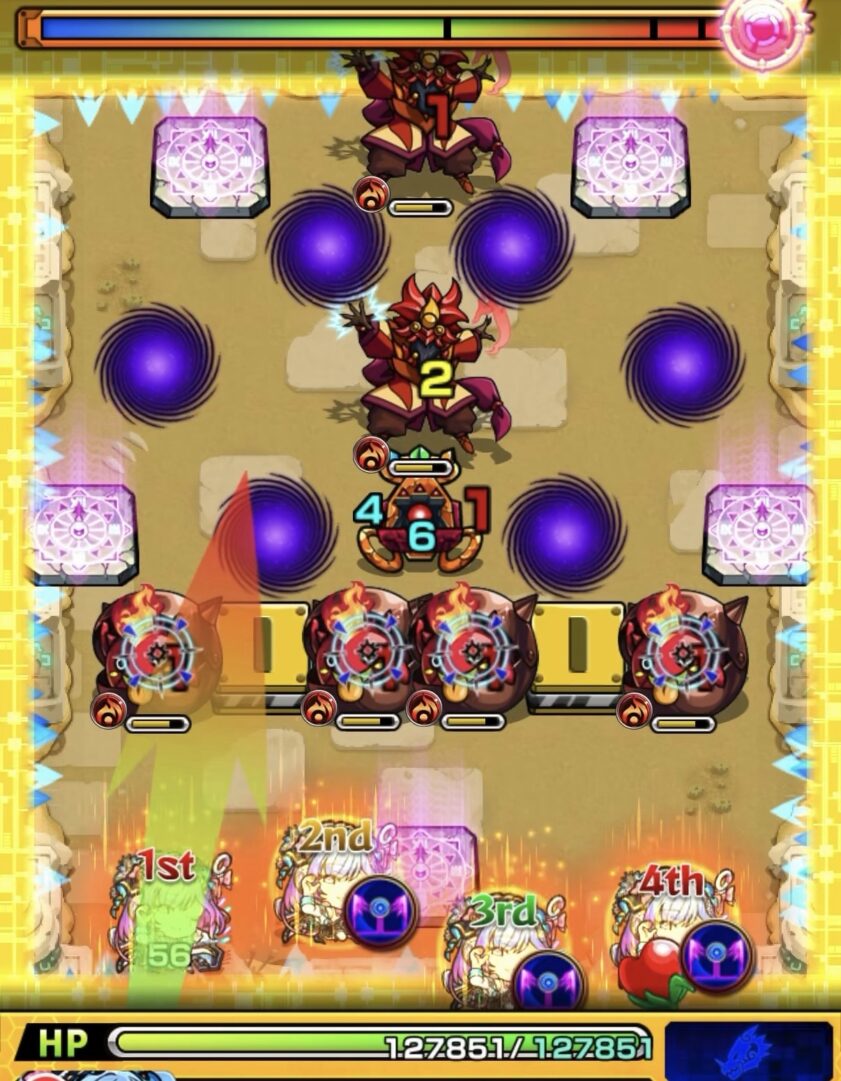 未開の砂宮拠点26ステージ1の1手目で壁に複数回触れてかちリン4体と魔導士1体を同時処理した場面