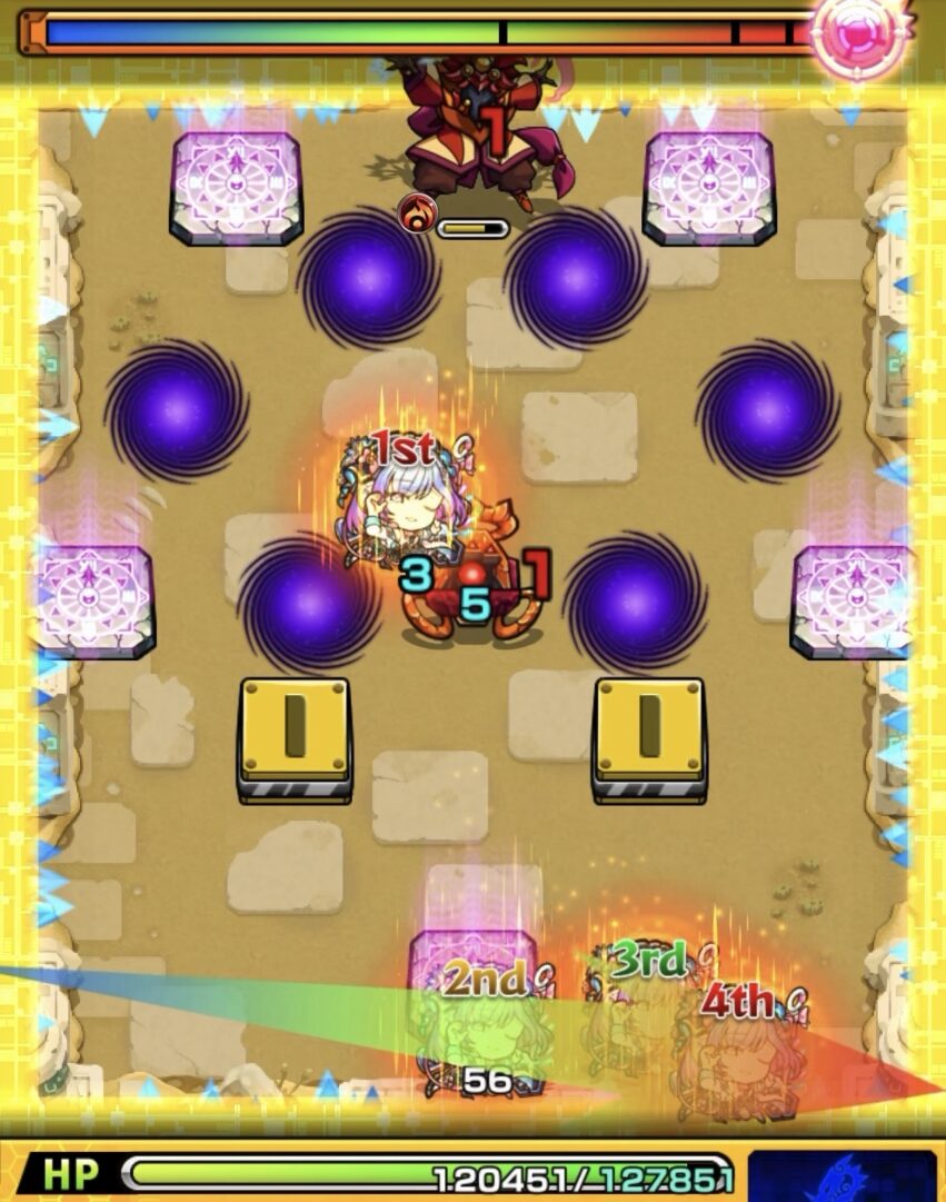 未開の砂宮拠点26ステージ1の2手目で壁に複数回触れてエナジーを取得し魔導士を攻撃するもHPがわずかに残った場面