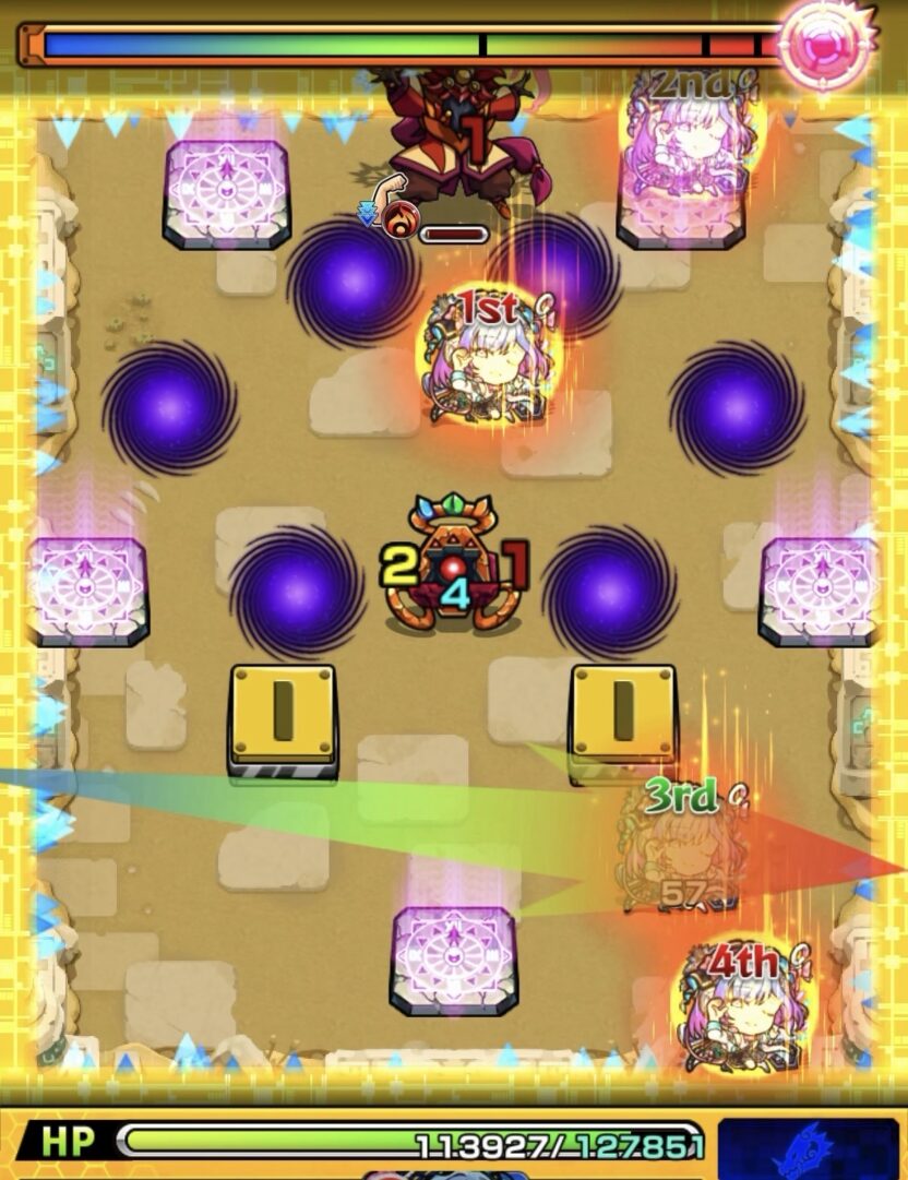 未開の砂宮拠点26ステージ1の3手目で壁に複数回触れてエナジーを取得し魔導士を処理して突破した場面