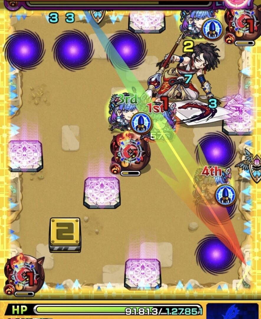 未開の砂宮拠点26ステージ2の2手目で右壁から下壁を経由してかちリン2体を処理した場面