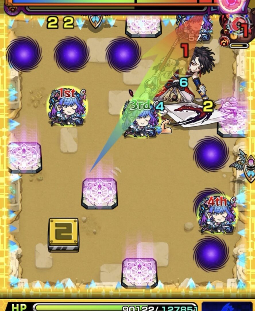 未開の砂宮拠点26ステージ2の3手目で上壁からかちリンを処理しエナジー取得後に中ボスへ大ダメージを与えた場面