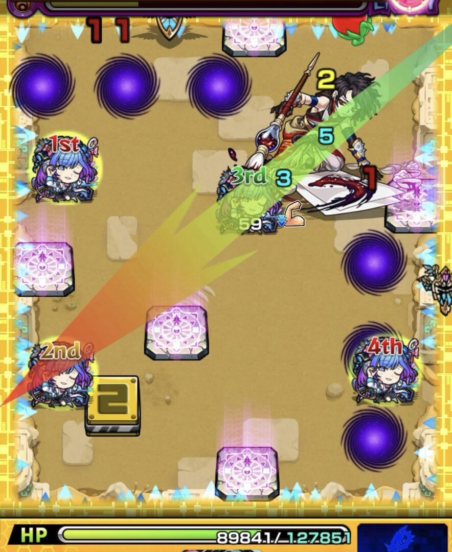 未開の砂宮拠点26ステージ2の4手目でエナジー取得と壁触れを意識して中ボスを攻撃するもダメージが伸びなかった場面