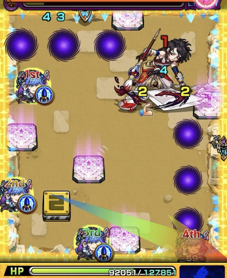 未開の砂宮拠点26ステージ2の5手目で壁触れとエナジー取得後に中ボスを狙うもシールドに当たりダメージを出せなかった場面