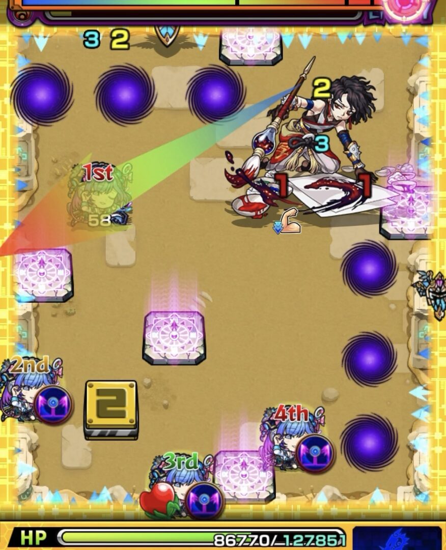 未開の砂宮拠点26ステージ2の6手目で壁に複数回触れてエナジーを取得し中ボスを削り切って突破した場面