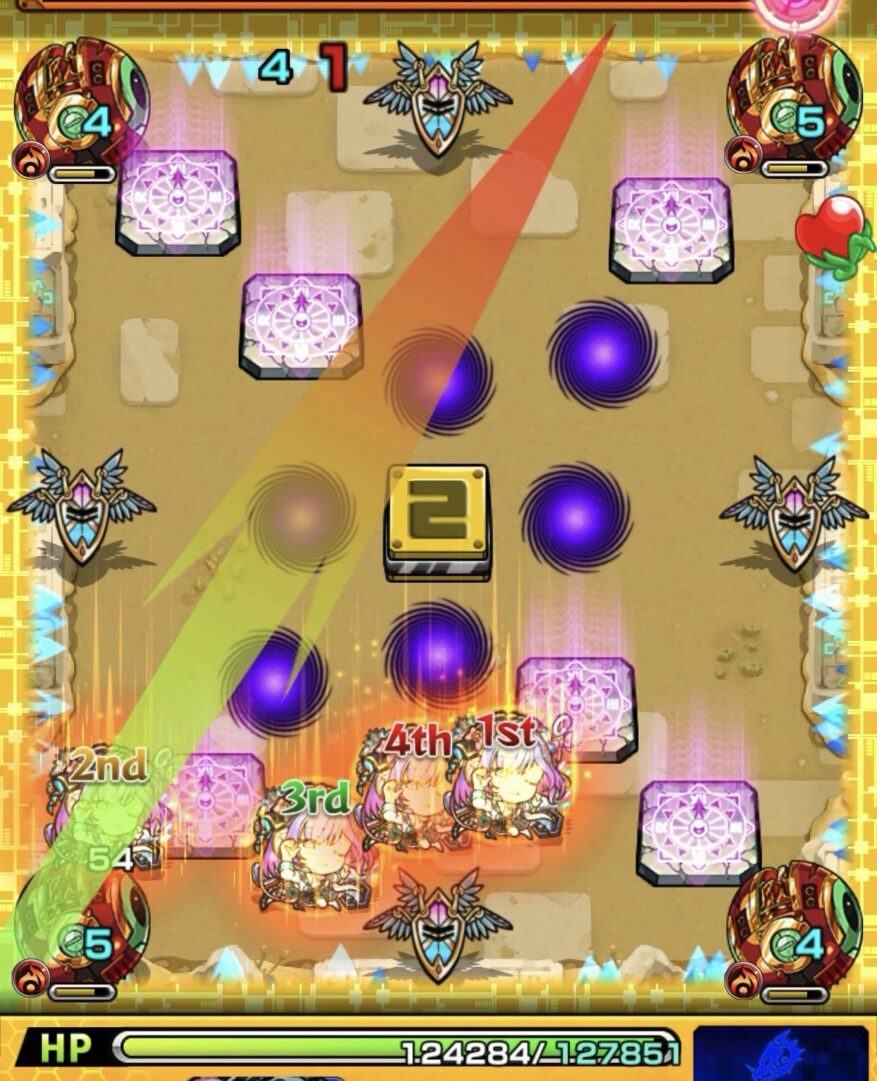 未開の砂宮拠点26ステージ3の1手目でエナジーを取得し左上のギャラクシーに大ダメージを与えた場面