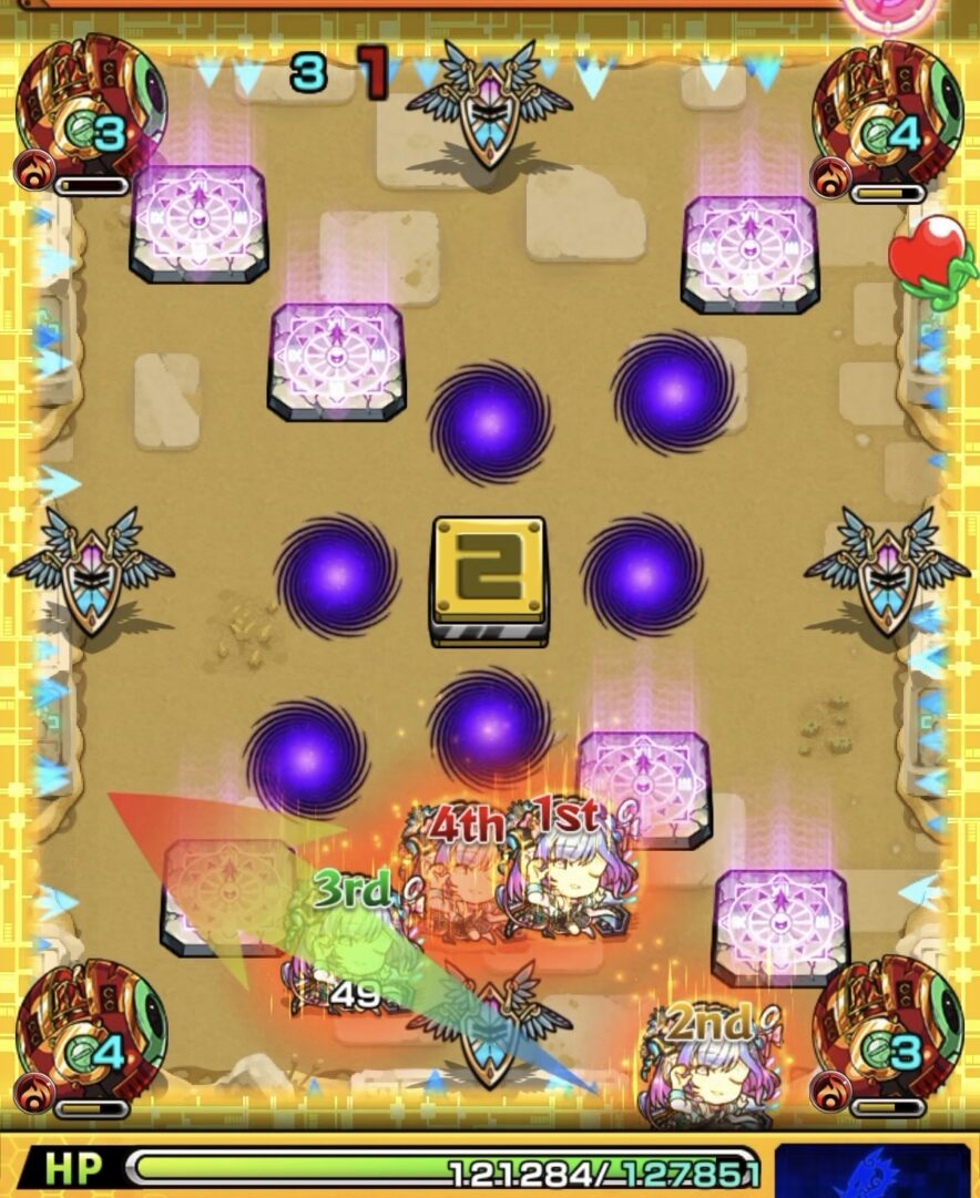 未開の砂宮拠点26ステージ3の2手目で左壁からエナジーを取得し左側のギャラクシー2体を処理した場面