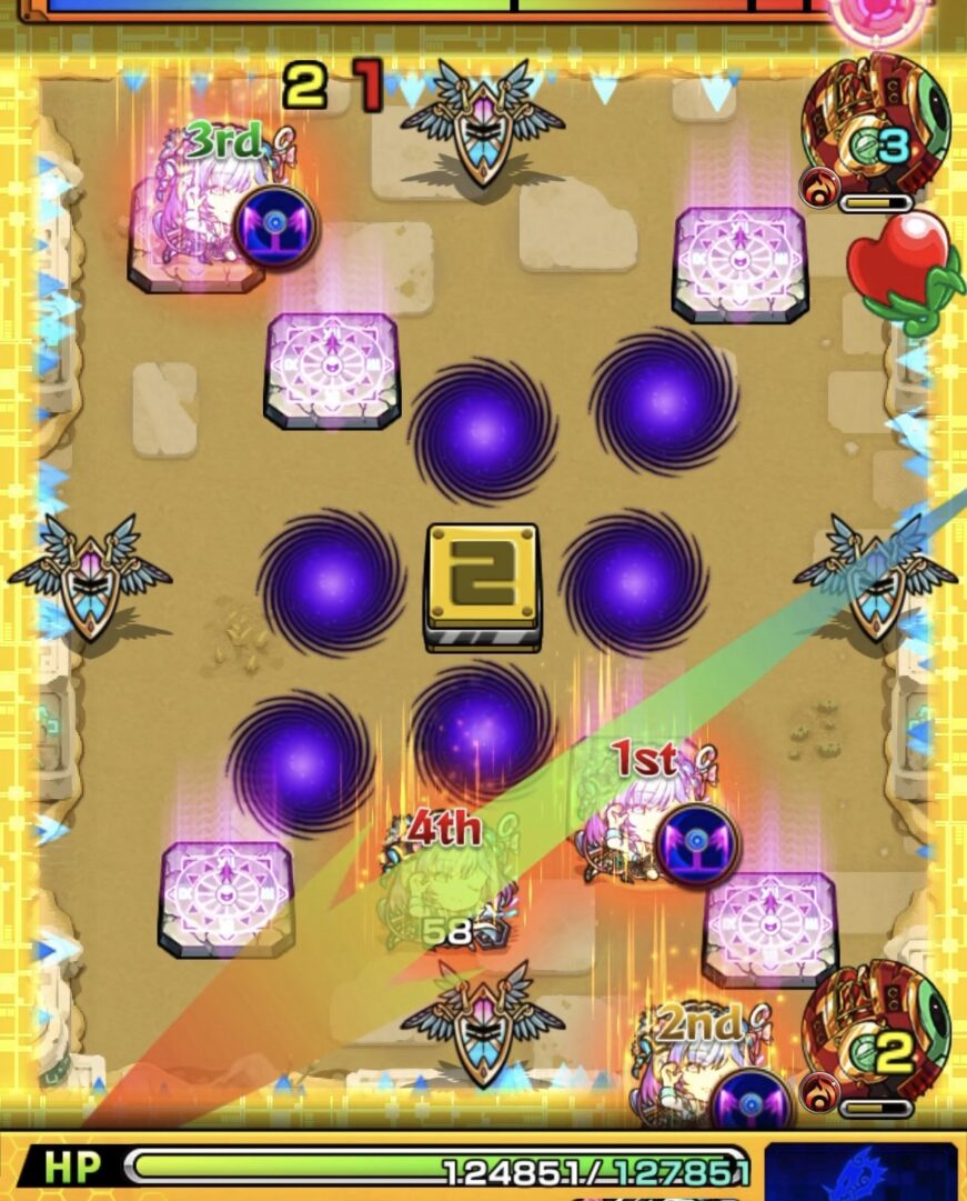 未開の砂宮拠点26ステージ3の3手目で左下角反射からエナジーを取得し右下のギャラクシーを処理した場面