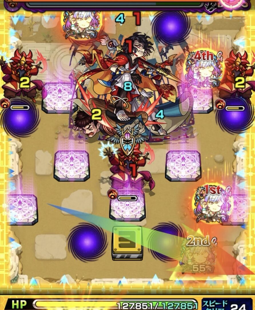 未開の砂宮拠点26ボス1の1手目で右下角反射からエナジーを取得し魔導士を処理した場面