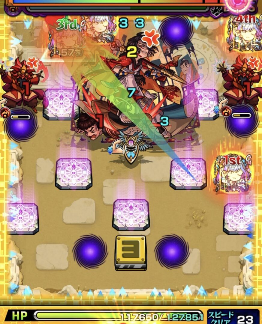 未開の砂宮拠点26ボス1の2手目で上壁反射からエナジーを取得し魔導士を狙うも処理できずボスに大ダメージを与えた場面