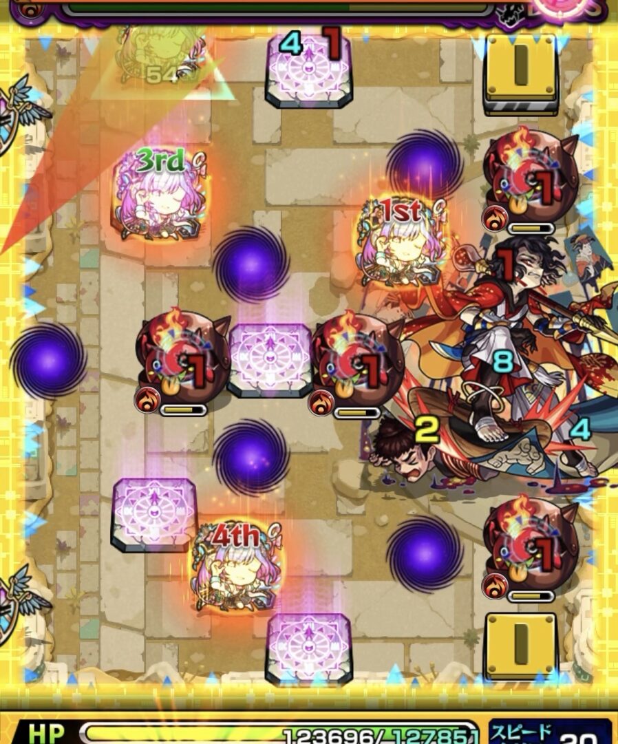 未開の砂宮拠点26ボス2の1手目で左壁からかちリン3体を同時処理した場面