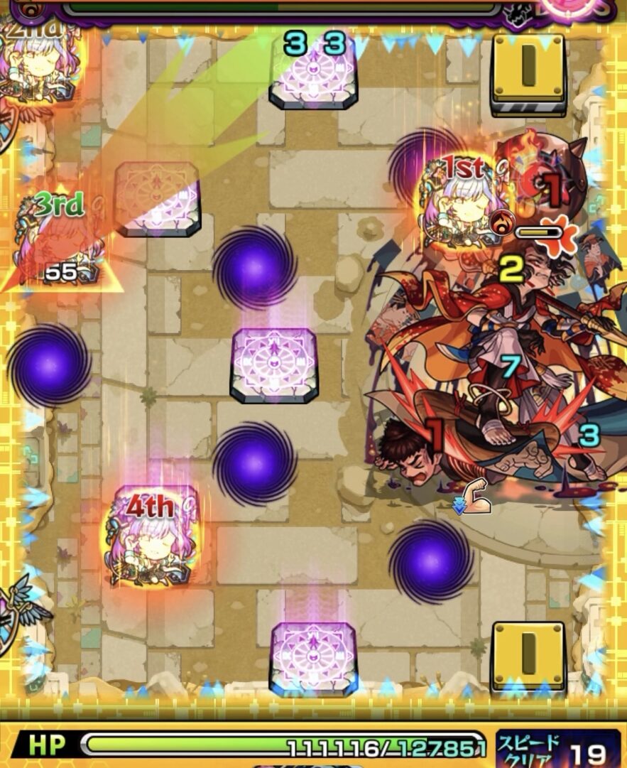 未開の砂宮拠点26ボス2の2手目で左壁から下のコンテナに触れてエナジーを取得しボスに大ダメージを与えた場面