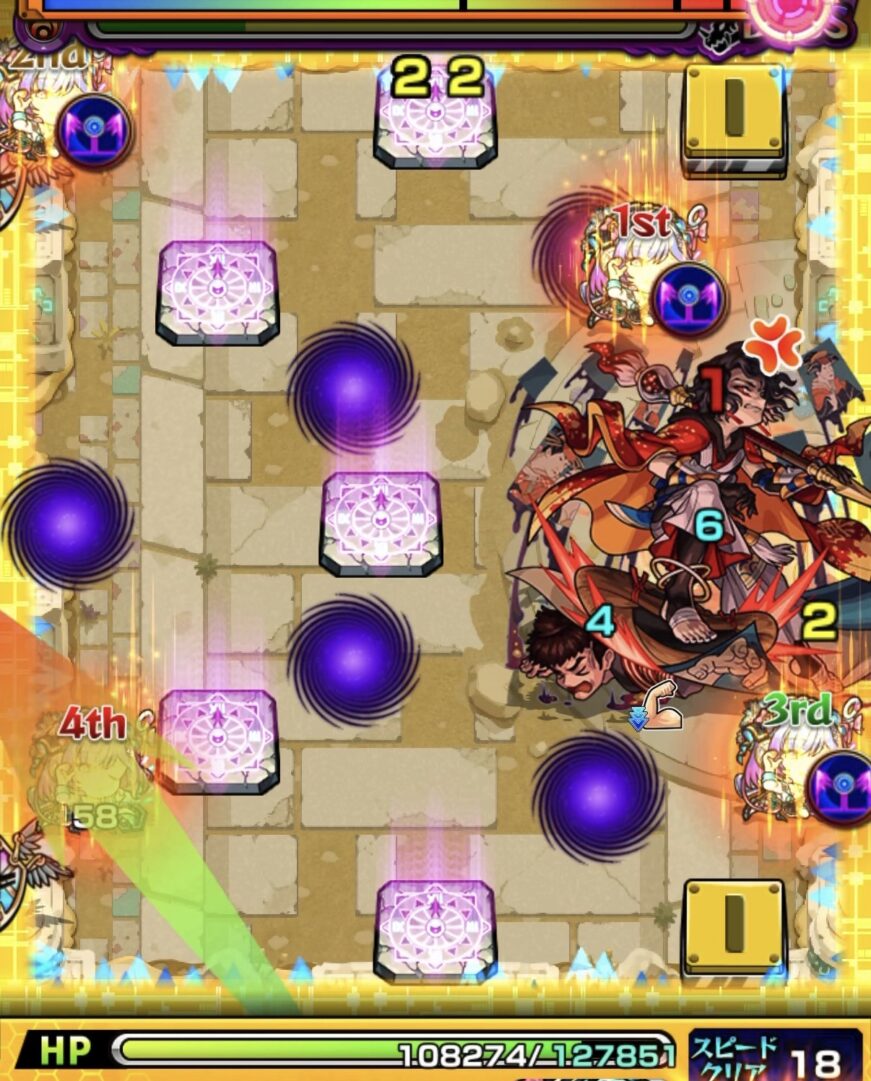 未開の砂宮拠点26ボス2の3手目で左壁反射からエナジーを取得しボスを狙うもシールドに当たりダメージが伸びなかった場面