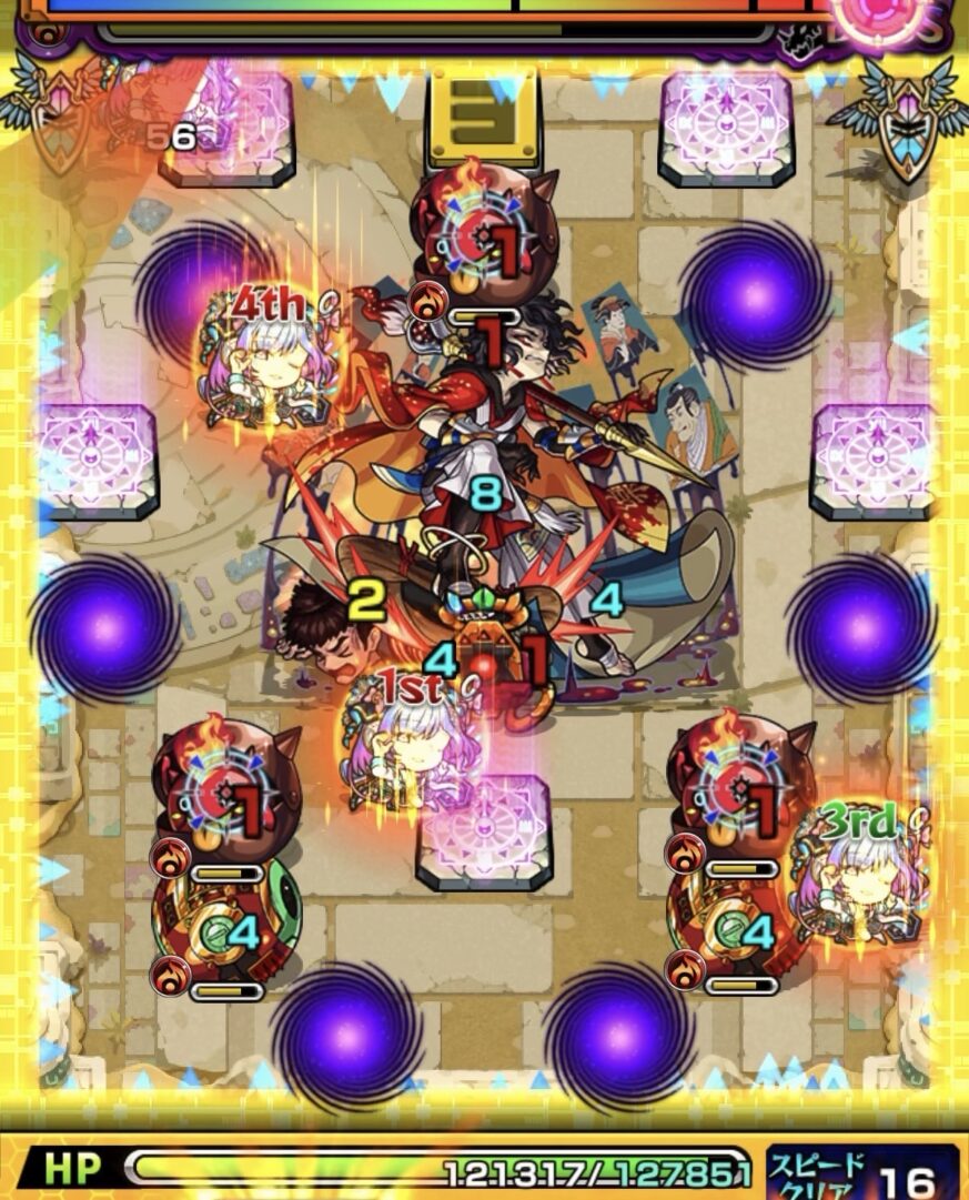 未開の砂宮拠点26ボス3の1手目で上壁反射からかちリンを経由し3体同時処理に成功した場面