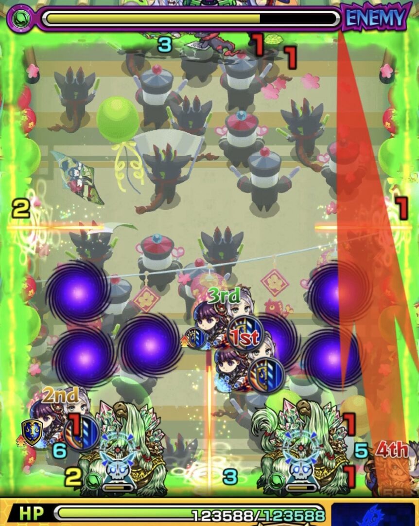 ステージ3でセンサーを複数回踏んでキャタピランを同時処理し、中ボスが実体化する場面