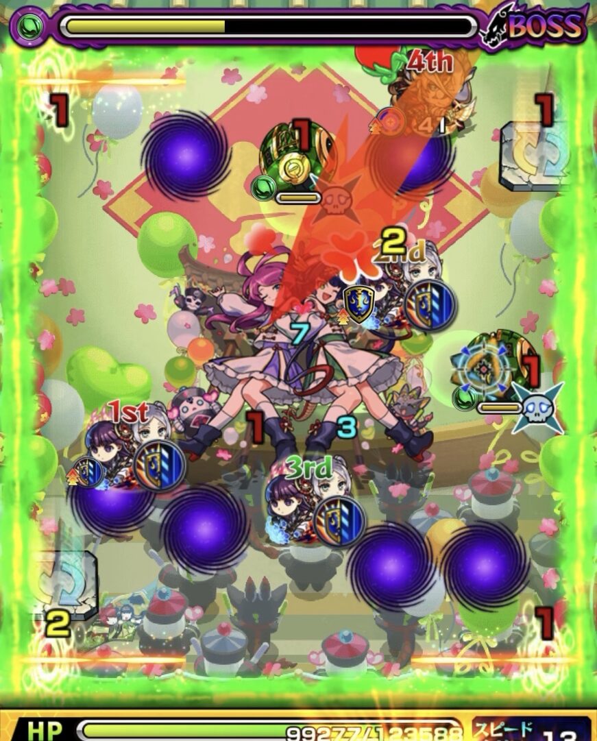 ボス2で弱点なしの状態で挟まり、ダメージ量を確認する場面