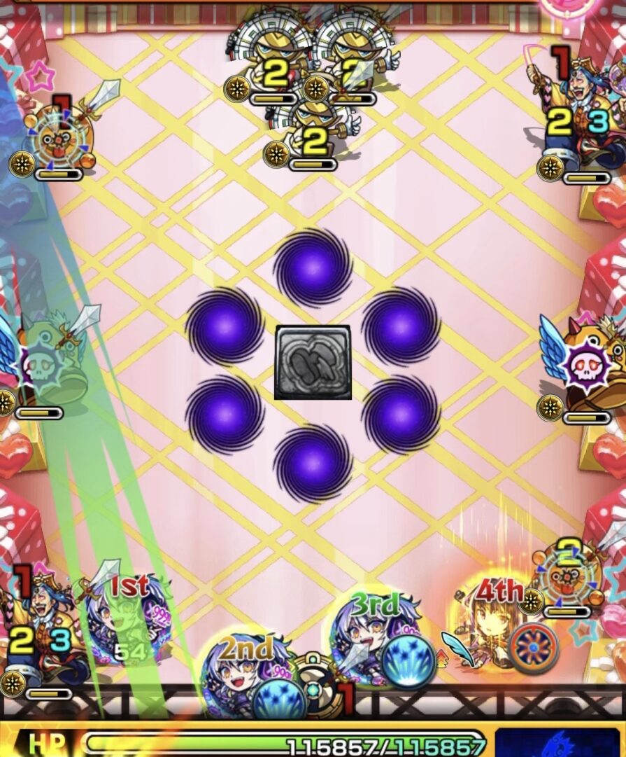 ステージ1の1手目で左のはやリンを倒して加速パネルを展開し、ぷよリン経由で右のはやリンにも触れつつオタク雑魚を攻撃して突破する場面。