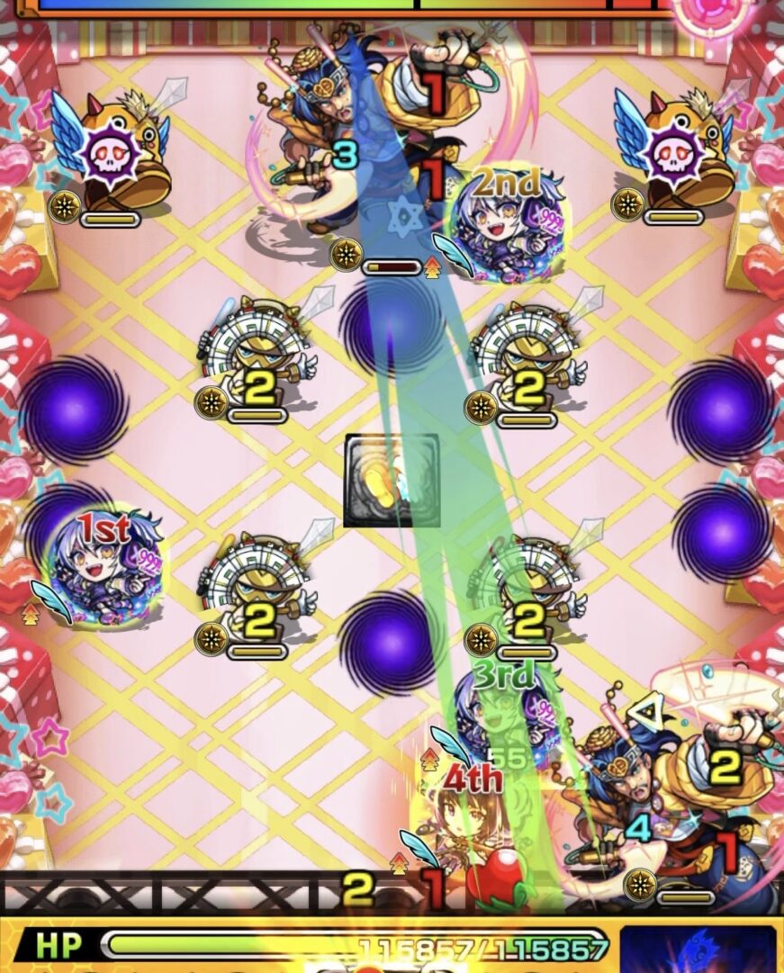 ステージ2の2手目で加速パネルを踏み、上のオタク雑魚の弱点を経由して左右のはやリンを処理しながらオタク雑魚2体を同時撃破して突破する場面。