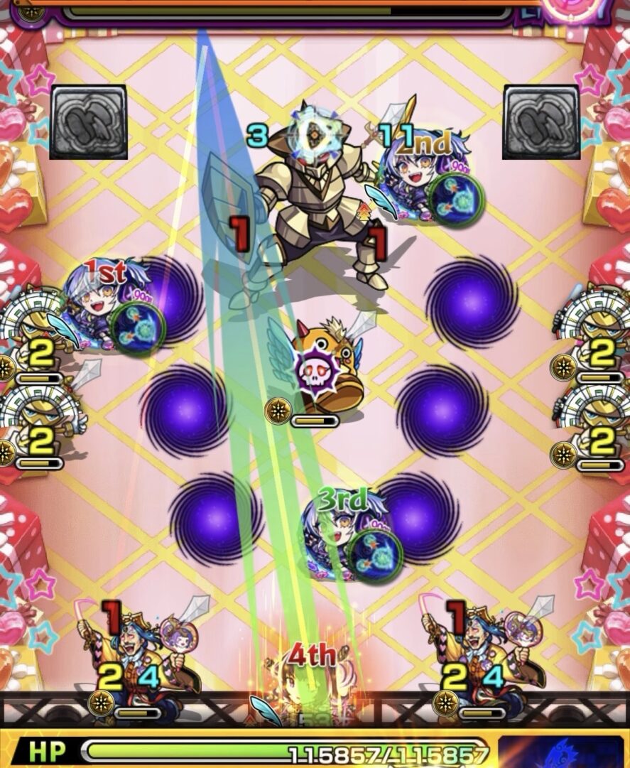 ステージ3の1手目ではやリンを処理して加速パネルを展開し、左下のオタク雑魚と聖騎士に大ダメージを与えている場面。