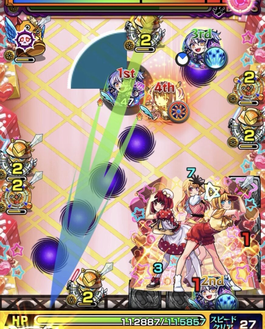 ボス2の1手目でパワーダウン状態を避けながら下壁反射で はやリンを処理し、加速パネルを展開してボスにダメージを与えている場面。