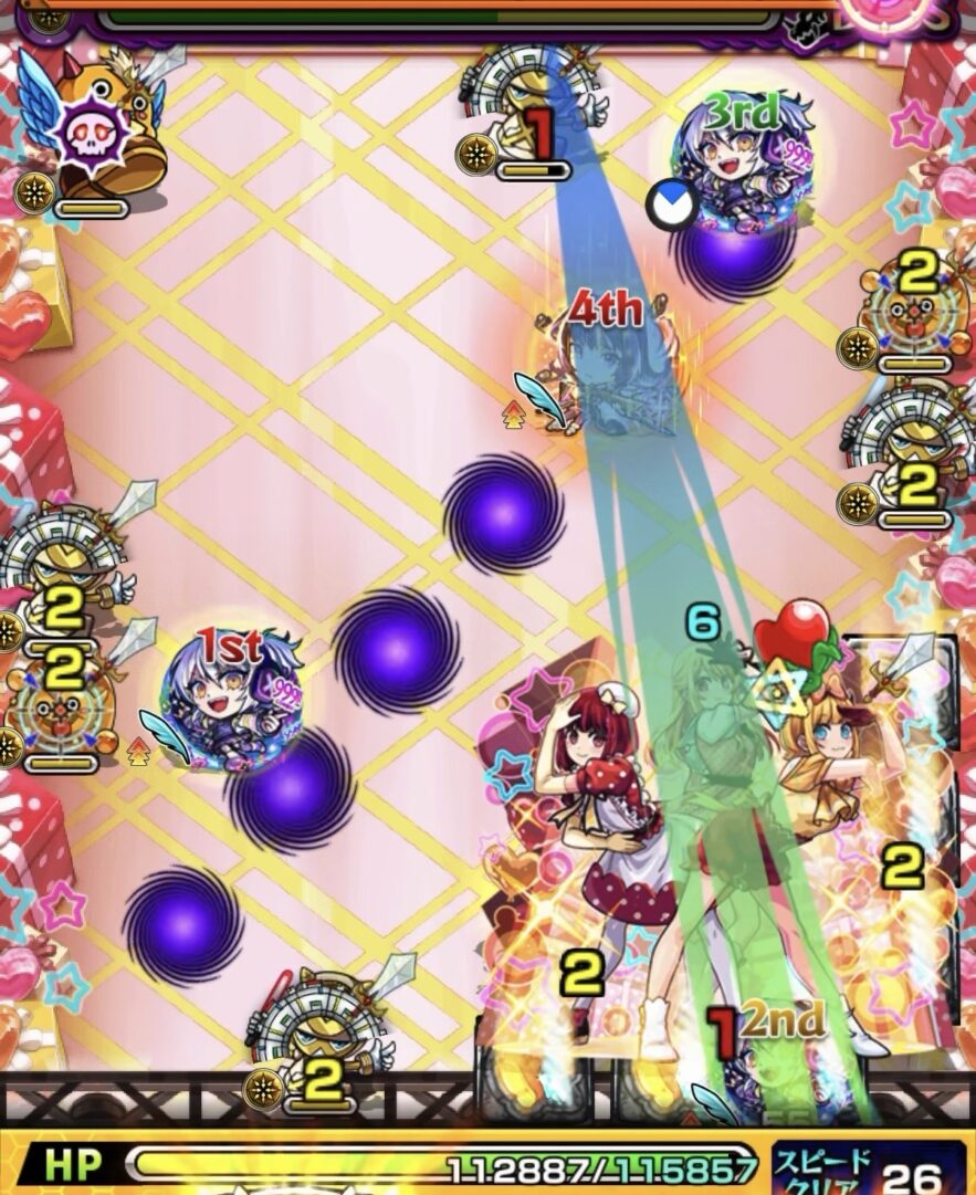 ボス2の2手目で加速パネル上から上壁反射し、はやリンを処理して加速パネルを展開しながらボスを攻撃している場面。