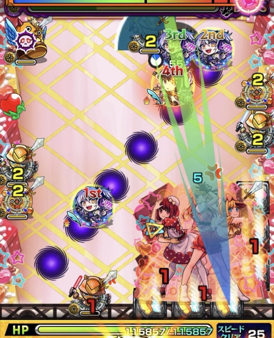 ボス2の3手目でパワーダウン状態を避けつつ加速パネルを踏み、多くの敵に触れてはやリンを処理しながらボスに大ダメージを与えている場面。