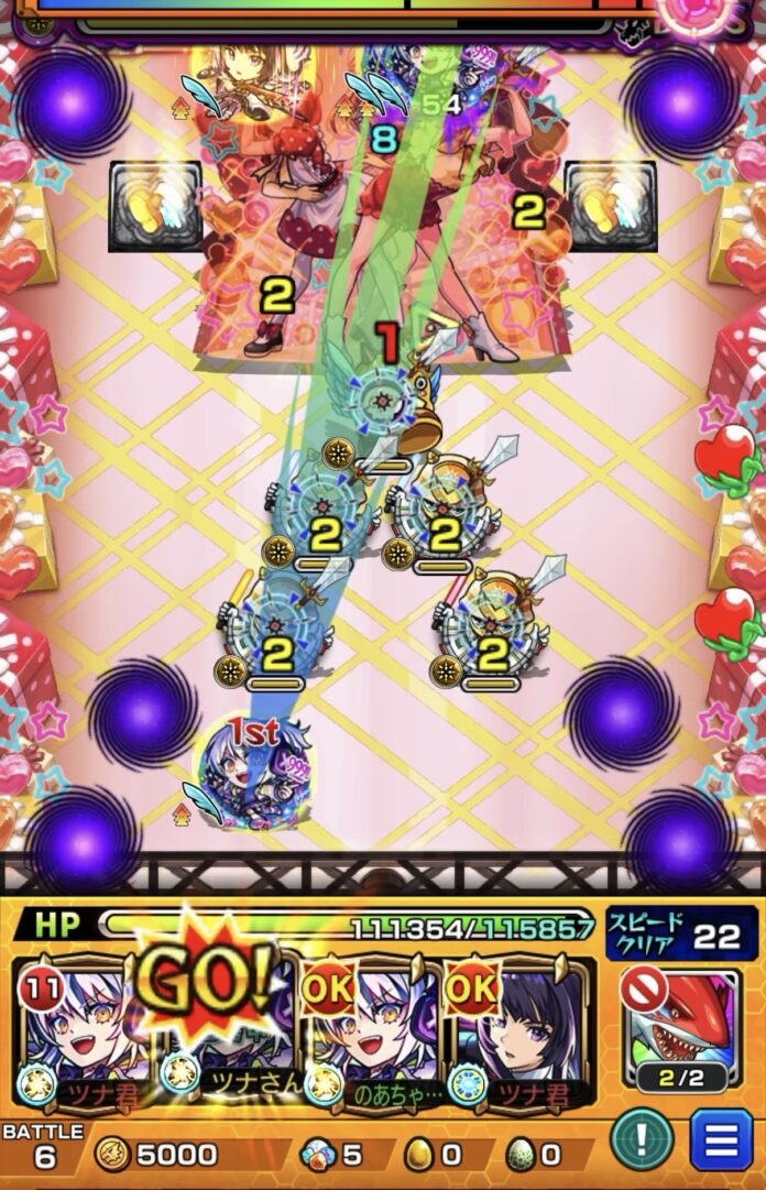 ボス3の2手目でSSを使用し、はやリン経由で加速パネルを展開しながらボスを攻撃している場面。