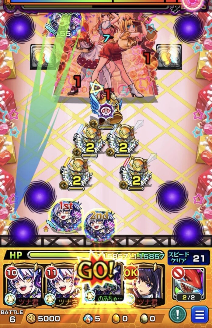 ボス3の3手目でSSを使用し、加速パネルを踏みながらはやリン経由でボスを攻撃している場面。