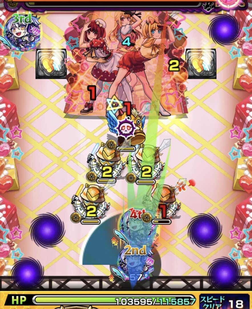 ボス3の6手目でパワーダウン状態を避けつつ下壁反射から はやリンを経由してボスを撃破する場面。