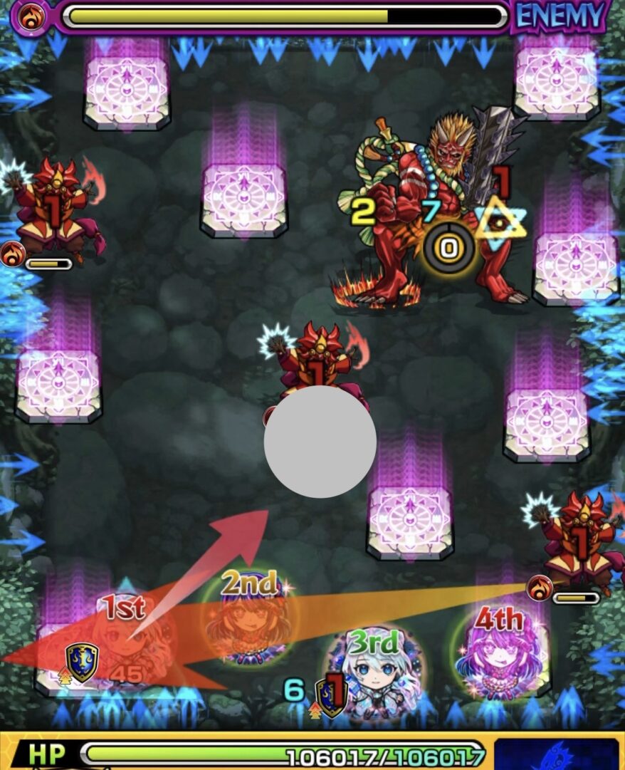 ステージ1の1手目で中央の魔導士にエレメントショットを設置し、友情を誘発して3体同時処理した場面