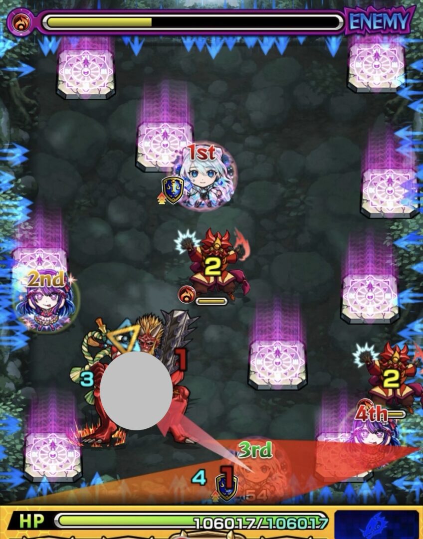 ステージ1の3手目で鬼にエレメントショットを設置し、魔導士を処理しながら鬼のカウントを稼いでいる場面