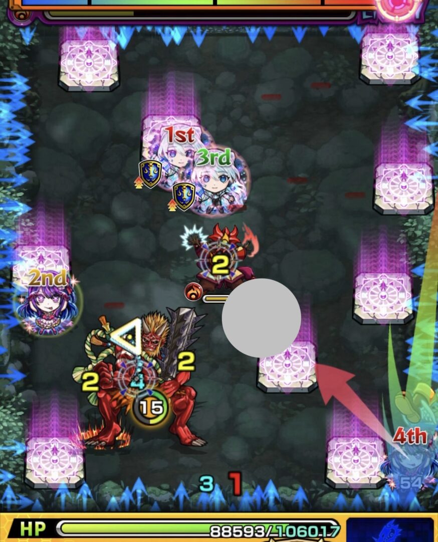 ステージ1の4手目で魔導士にエレメントショットを設置し、縦軸で弾いて魔導士を処理しながら鬼に大ダメージを与えた場面