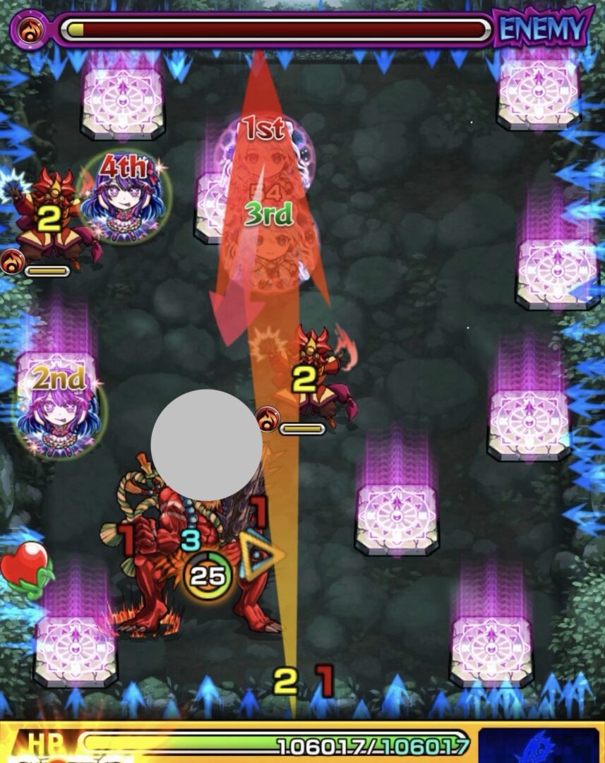 ステージ1の5手目で鬼にエレメントショットを設置し、HPを削り切って突破した場面