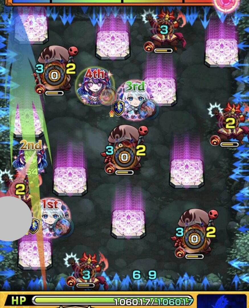 ステージ2の1手目で左の魔導士にエレメントショットを設置し、左と下の魔導士2体を処理した場面